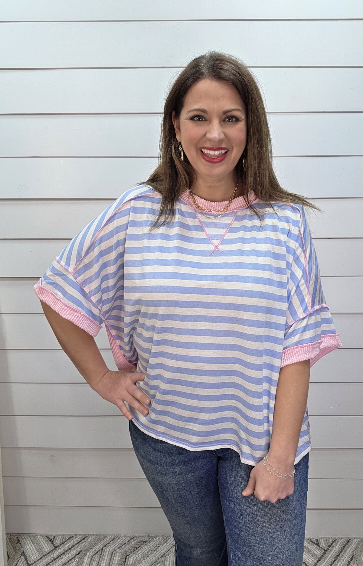 BLUE/CREAM STRIPED OVERSIZED KNIT TOP W/ PINK RAISED RIBBED TRIM