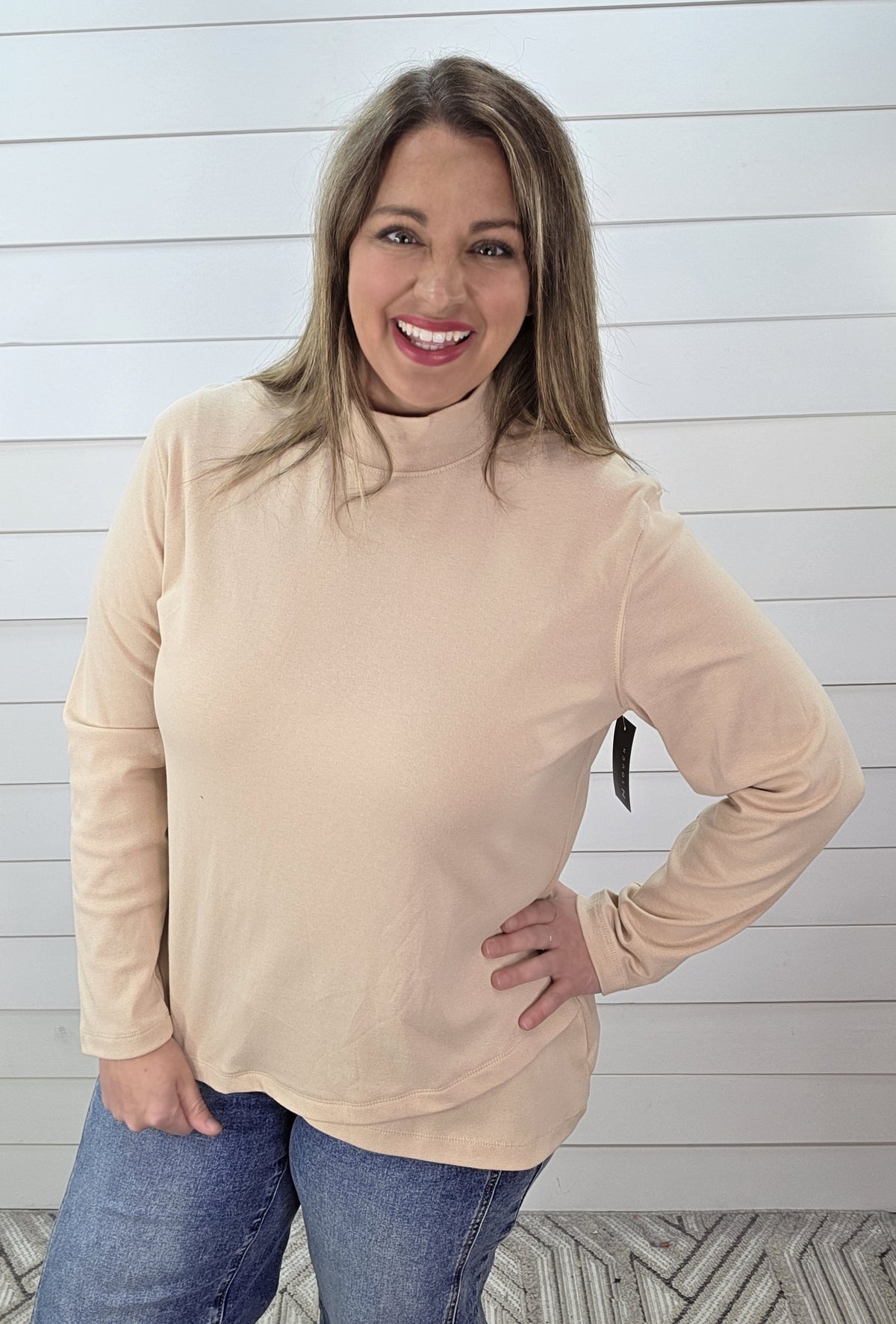 MOCHA MOCK NECK LAYERED HEM KNIT TOP