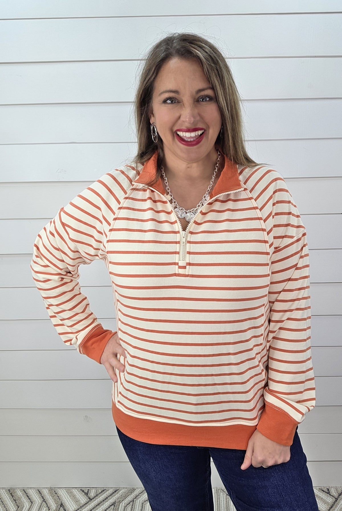 TANGERINE STRIPED FRENCH TERRY QUARTER ZIP