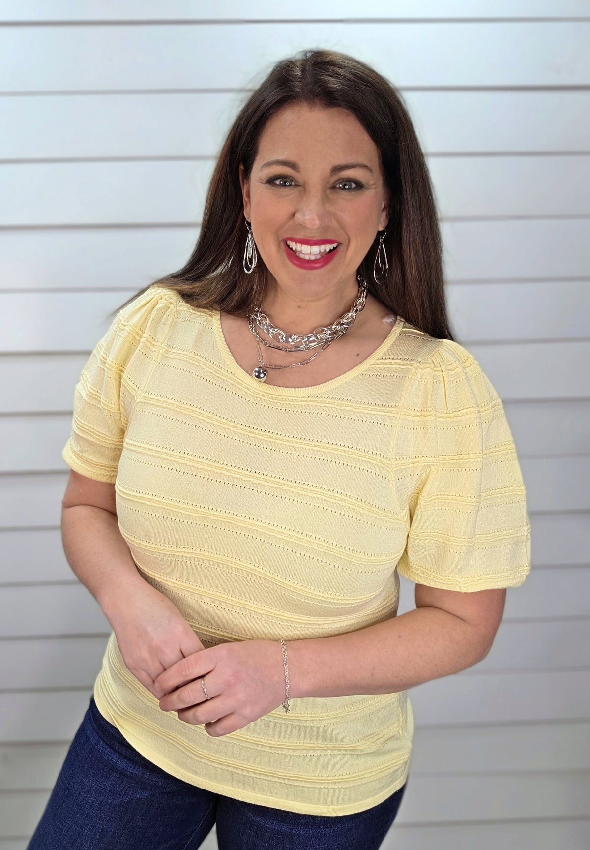 LEMON TEXTURED STRIPED SHORT SLEEVE KNIT TOP