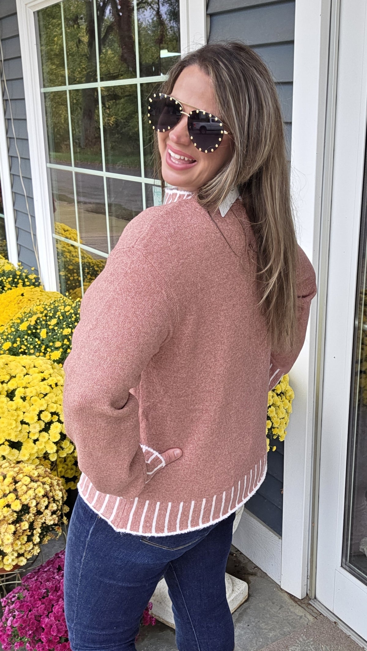 MAUVE FAUX STITCH DETAIL KNIT SWEATER