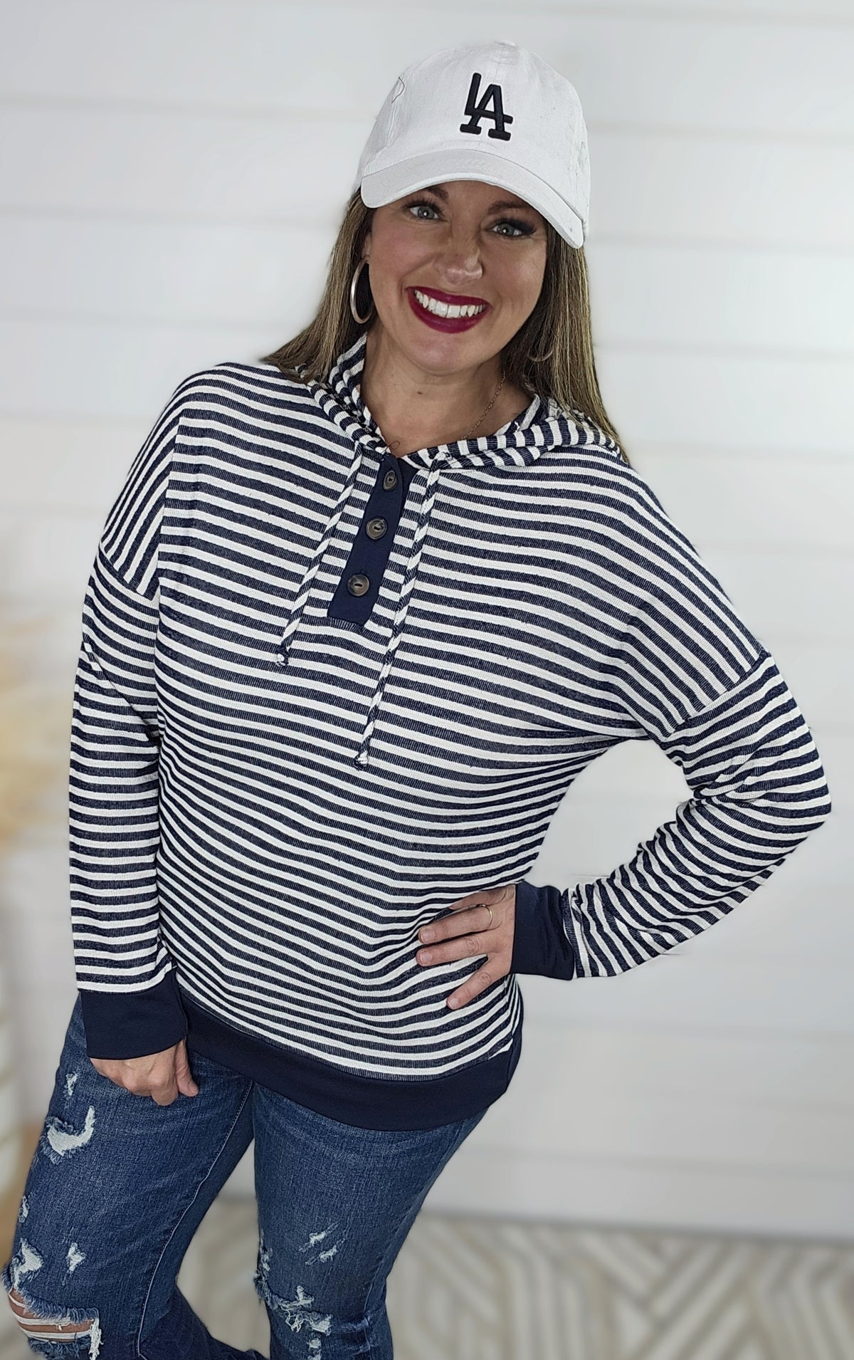 NAVY STRIPED FRENCH TERRY LIGHT WEIGHT HOODIE