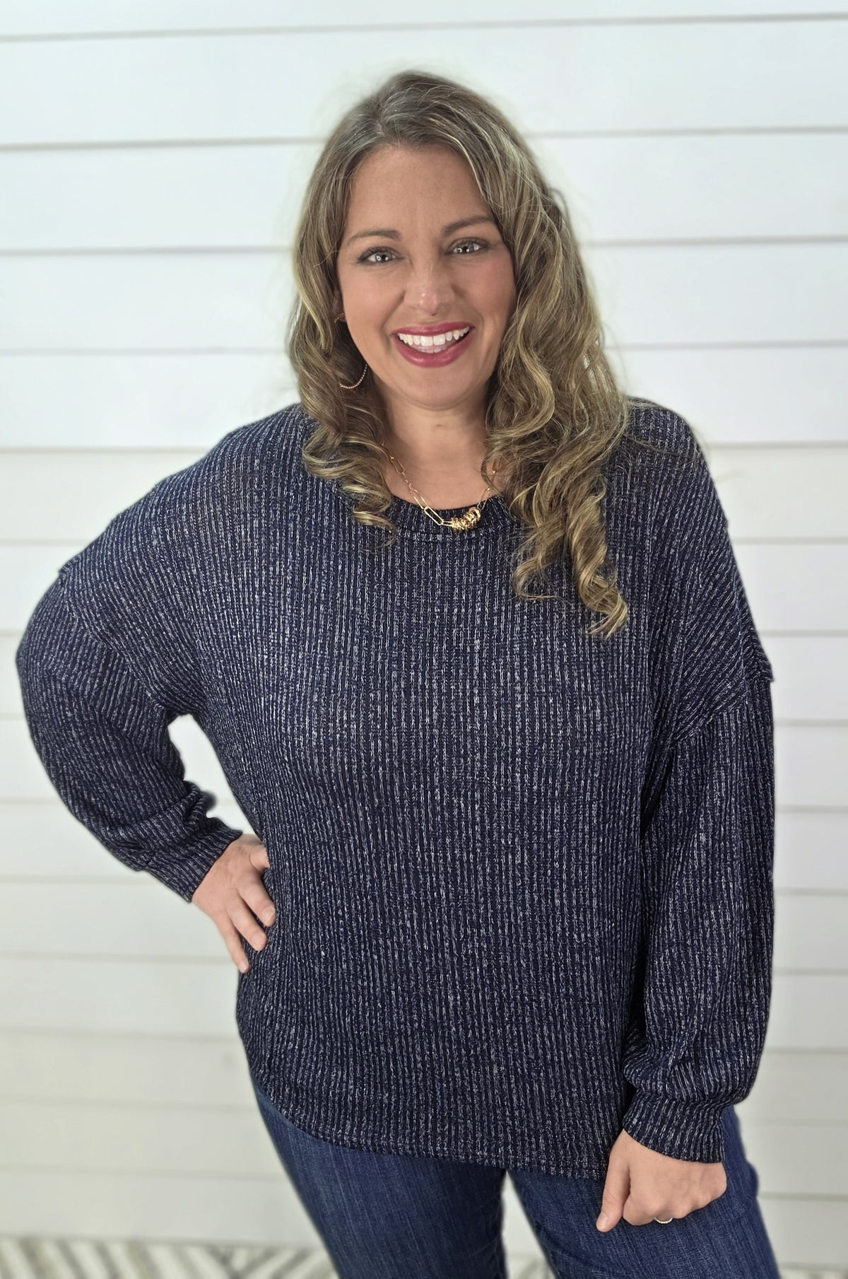 NAVY MARBLED LONG SLEEVE KNIT TOP