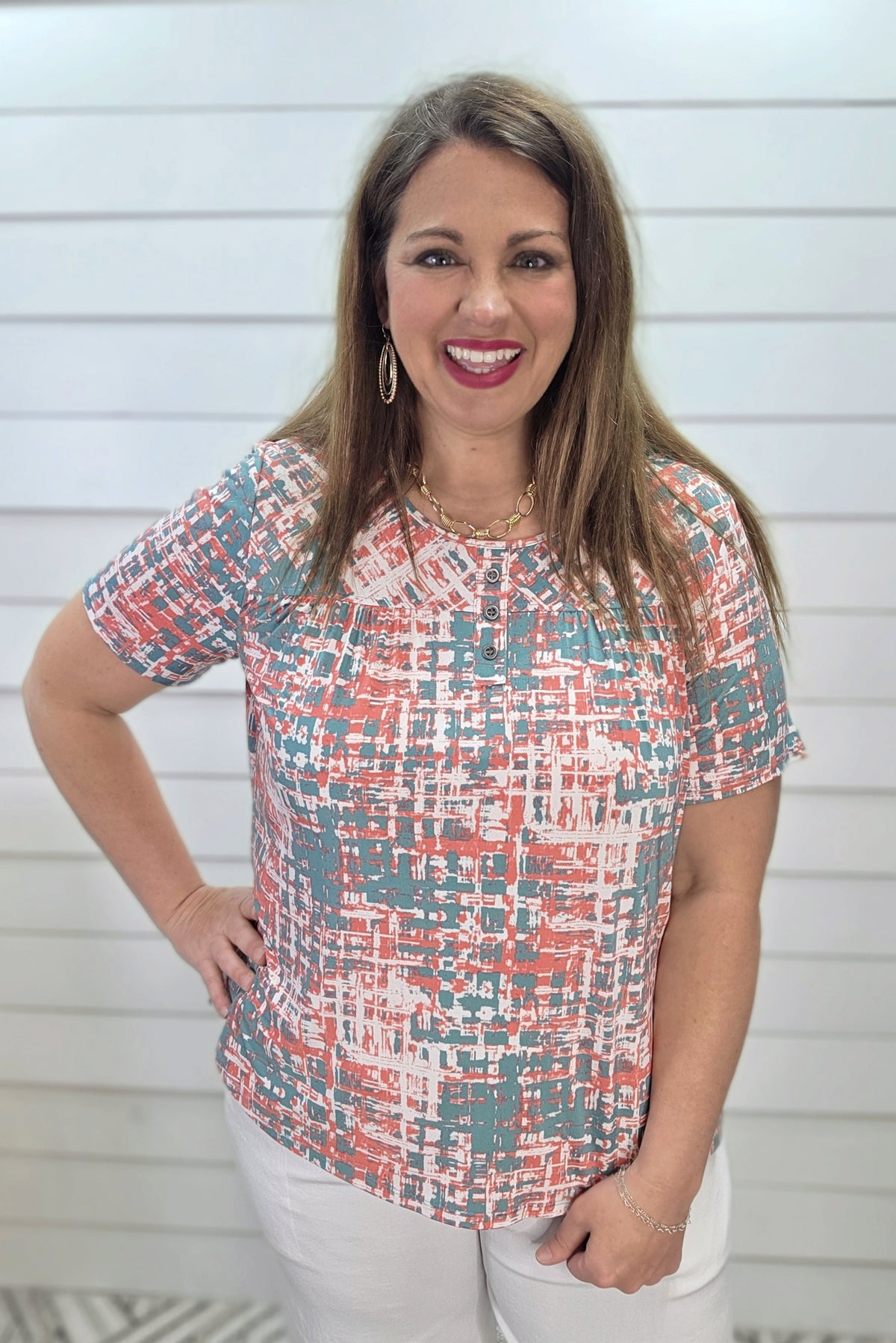 CORAL/SAGE PRINTED FAUX BUTTON KNIT TOP