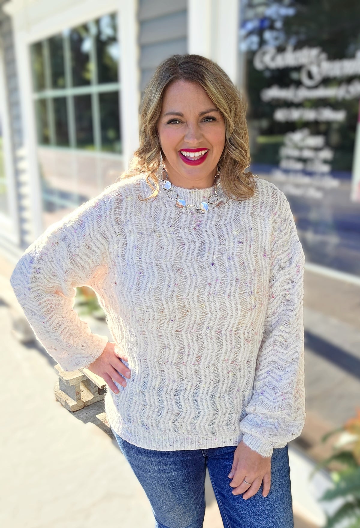 CREAM LOOSE WEAVE KNIT MULTI COLOR THRED SWEATER