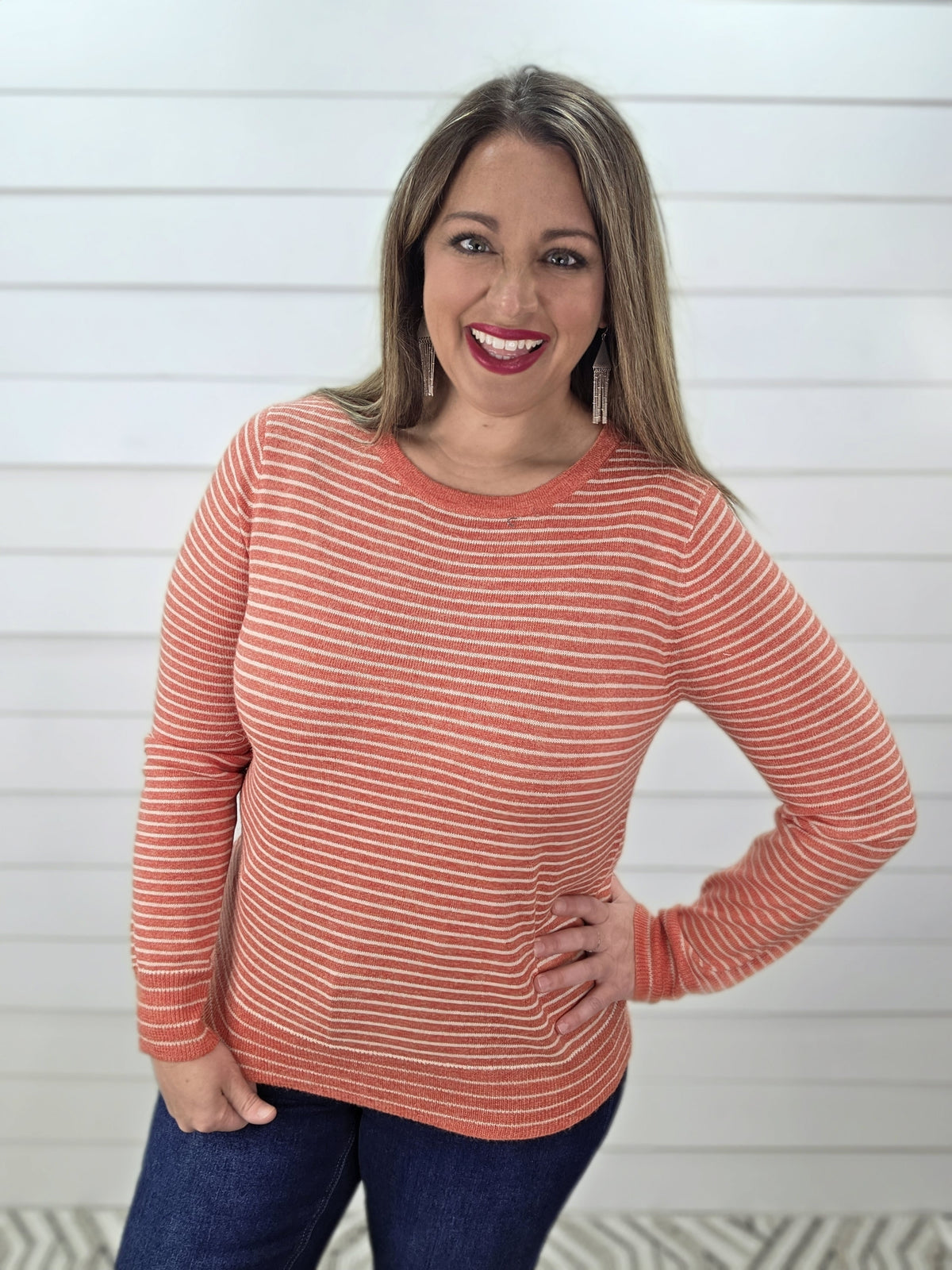 CORAL/CREAM STRIPED LIGHT WEIGHT KNIT SWEATER