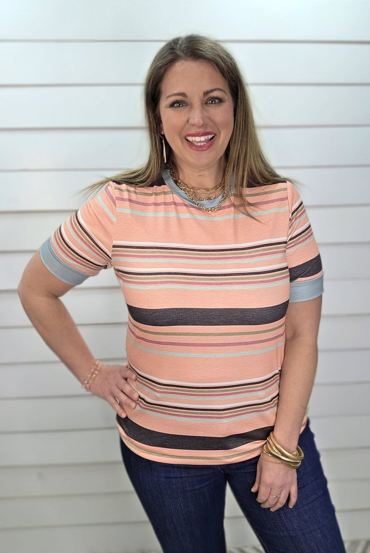 CORAL MULTI COLOR STRPED CREW NECK TSHIRT