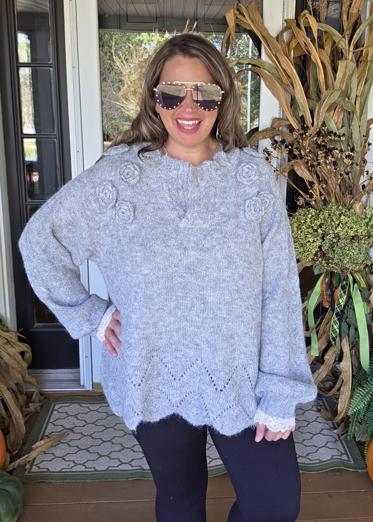 POL HEATHER GREY FLORAL TRIM SWEATER WITH SCALLOPS AND LACE TRIM