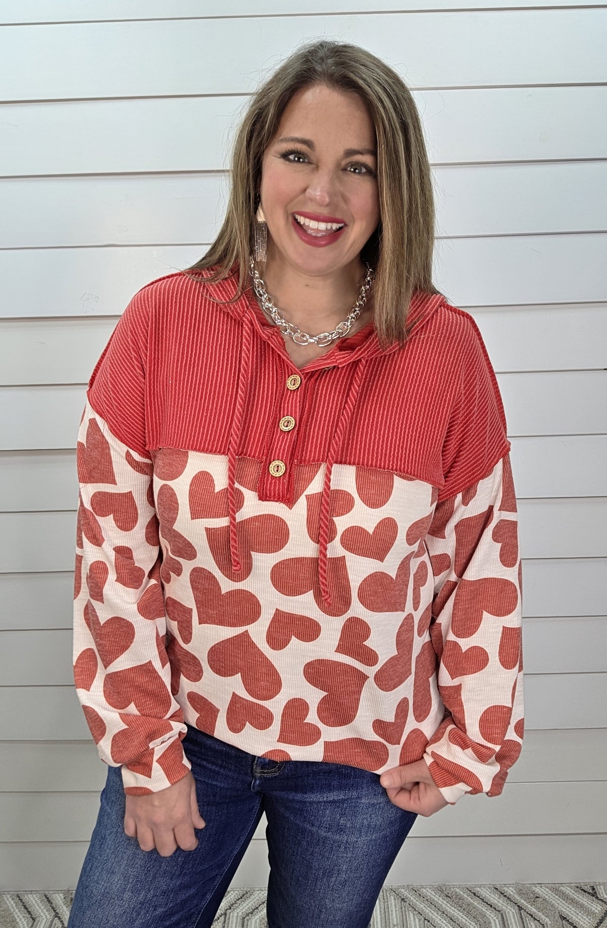 RED/IVORY HEART RIBBED HOODIE