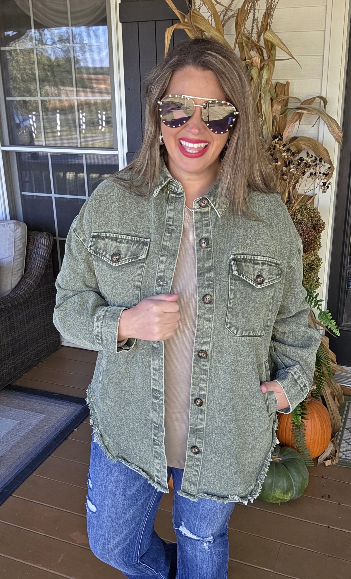 MINERAL WASH GREEN BUTTON DOWN OVERSIZED DENIM SHACKET