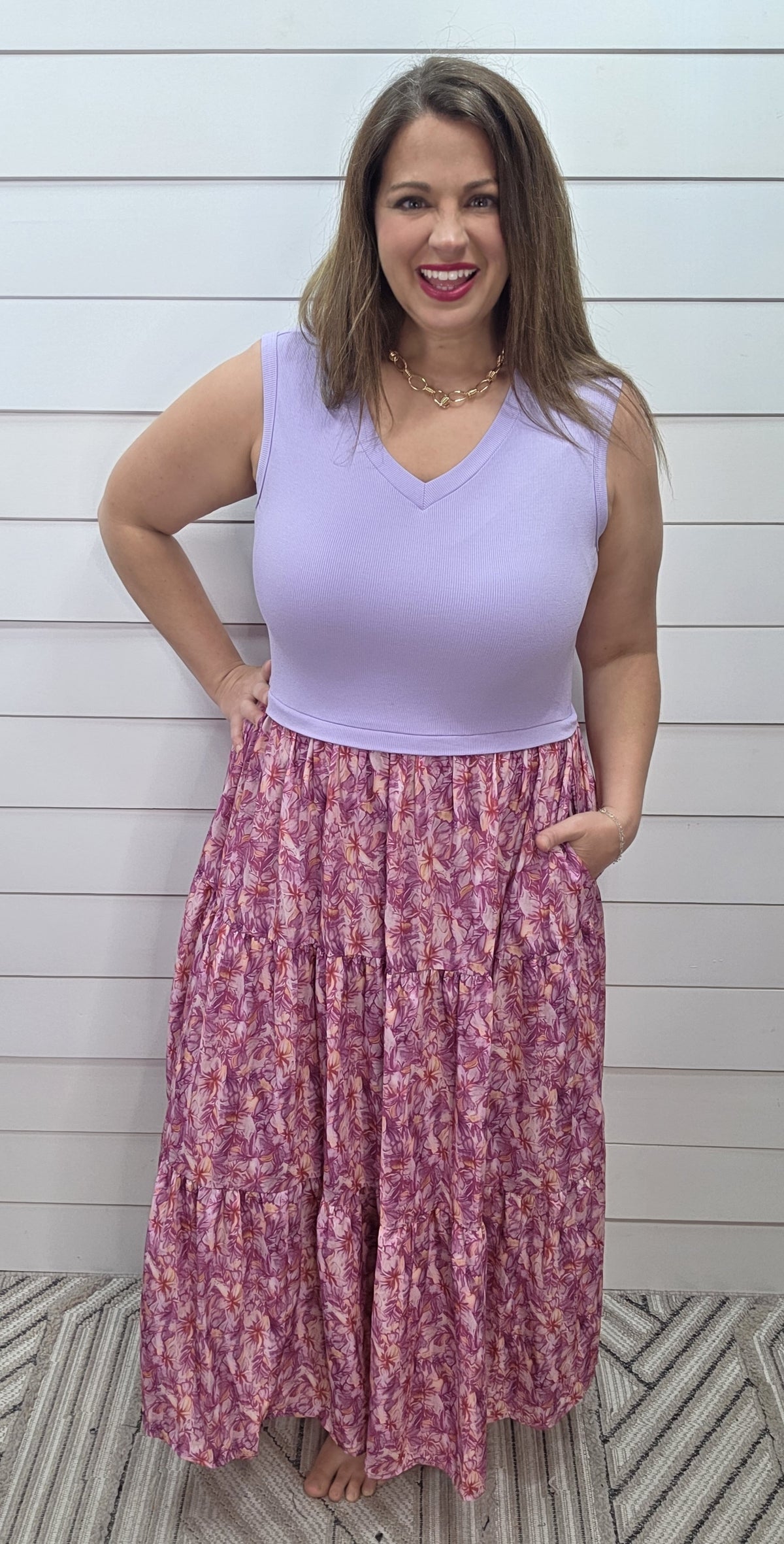 PURPLE RIBBED TANK DRESS W/ FLORAL SKIRT