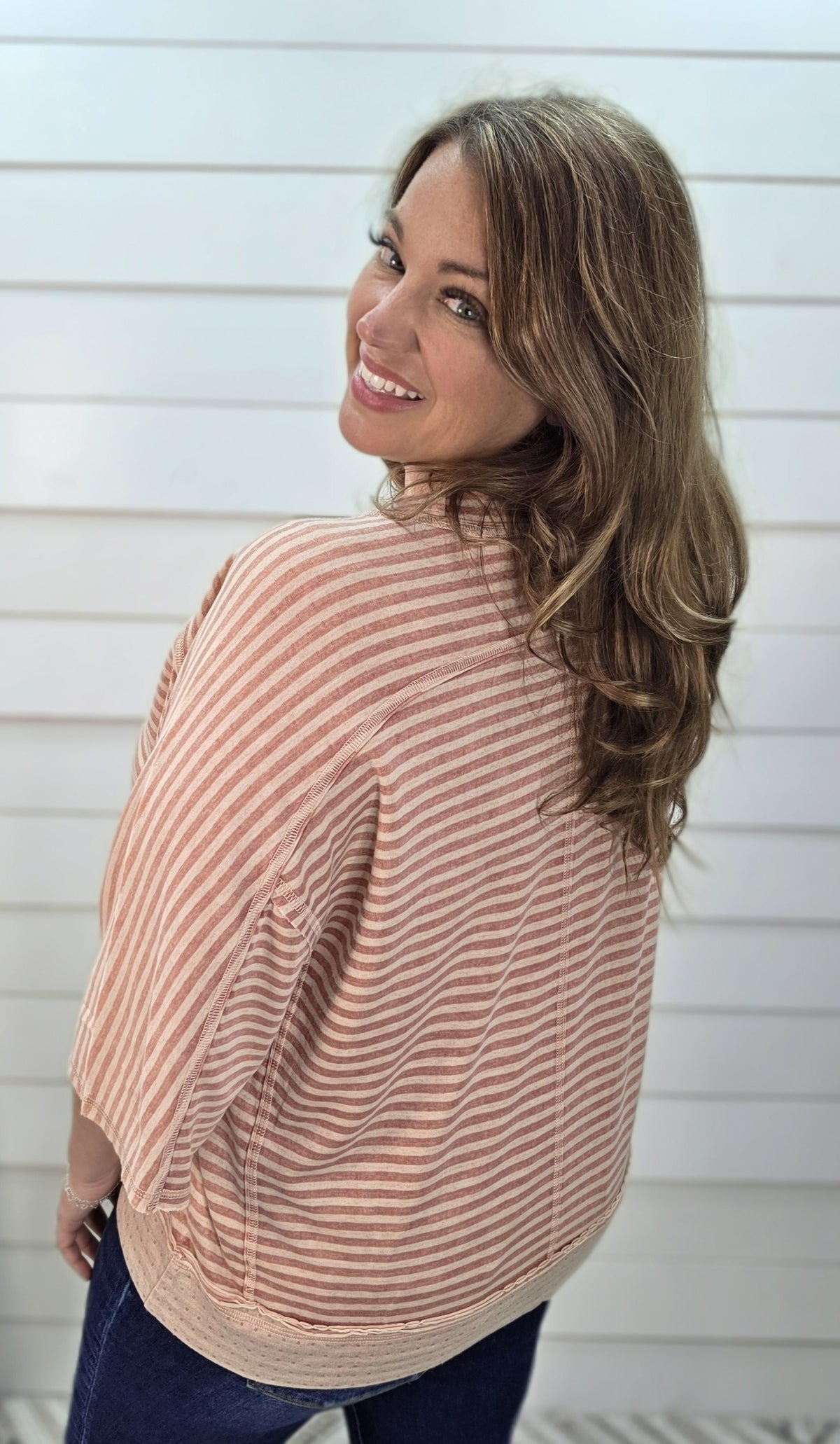 STRAWBERRY STRIPED HALF SLEEVE KNIT OVERSIZED TOP