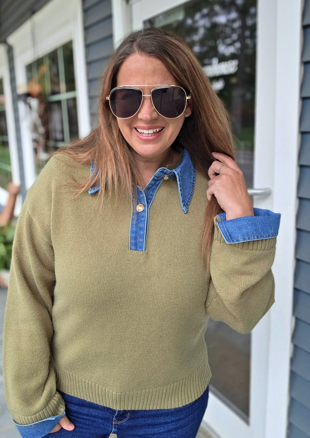 LT OLIVE SWEATER W/ DENIM TRIM