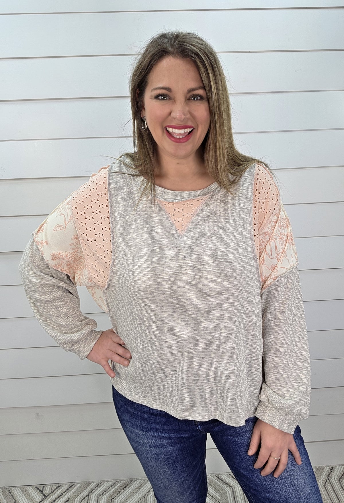 HEATHER GREY/PINK FLORAL/EYELET LACE CONTRAST OVERSIZED TOP