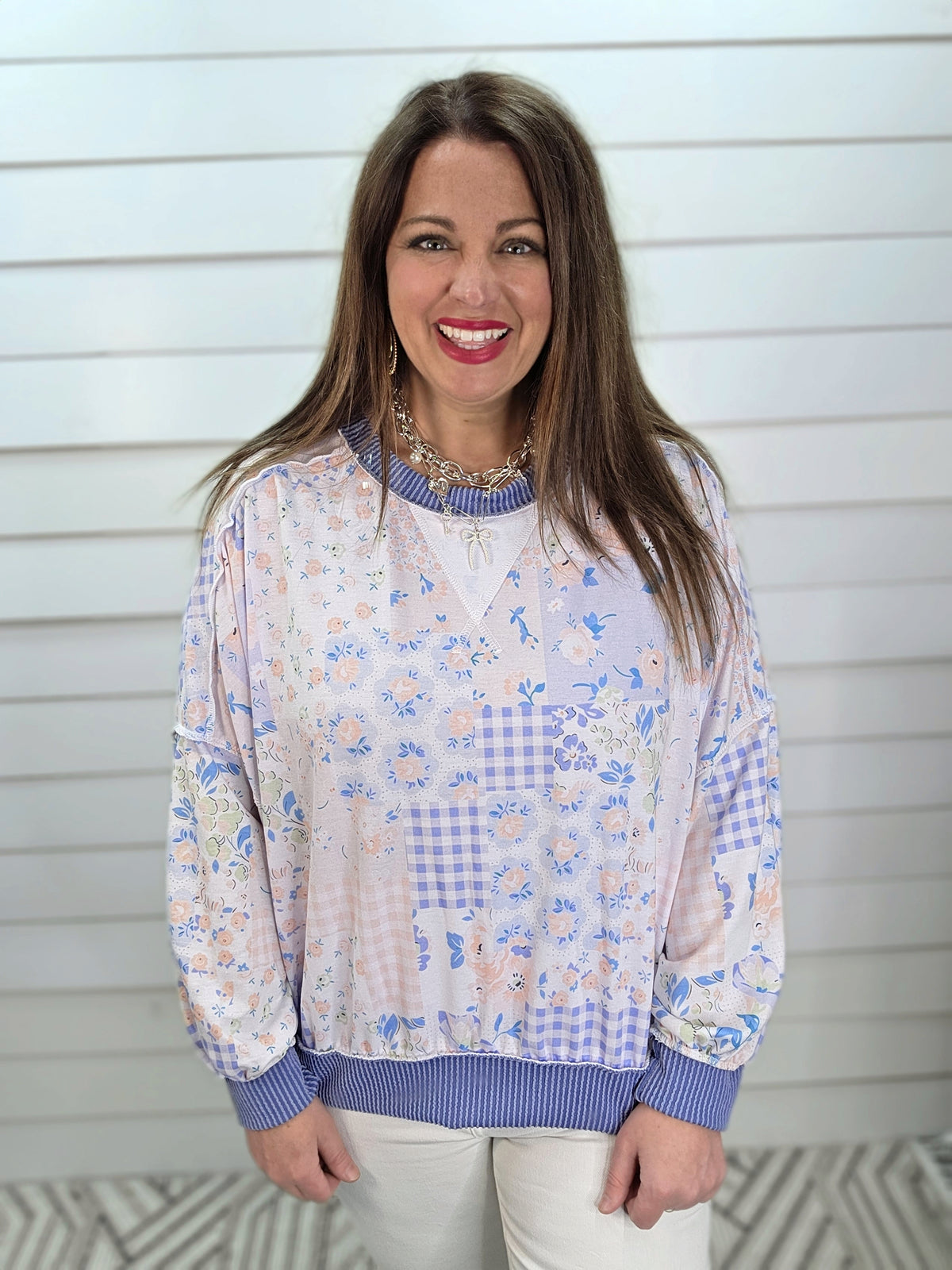 LIGHT BLUE PATCHWORK OVERSIZED LOOSE FIT KNIT TOP