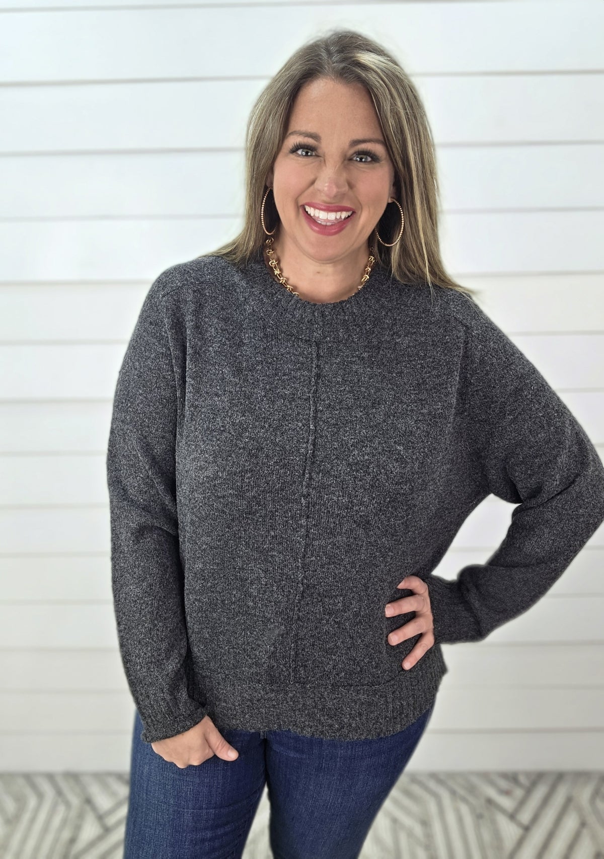 CHARCOAL CENTER SEAM KNIT PULLOVER SWEATER