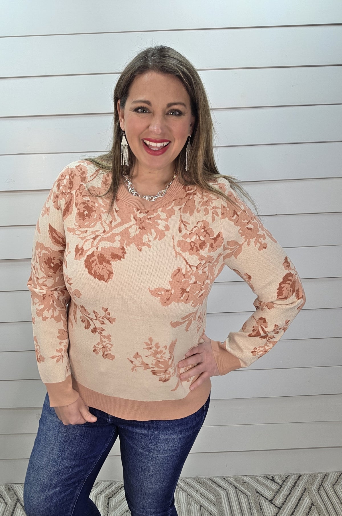 LT SALMON FLORAL KNIT PULLOVER SWEATER