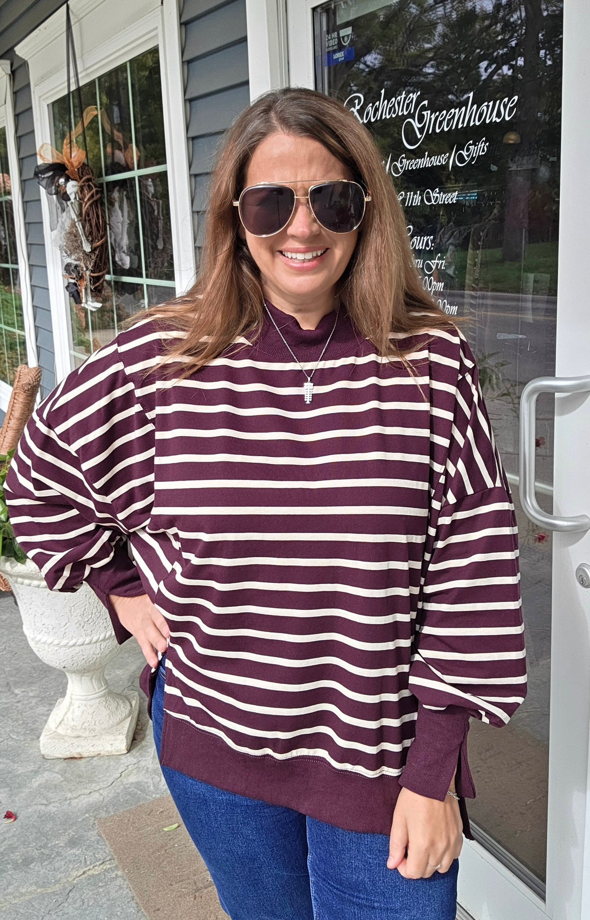 Raspberry and Ecru Striped Mock Neck oversized knit top