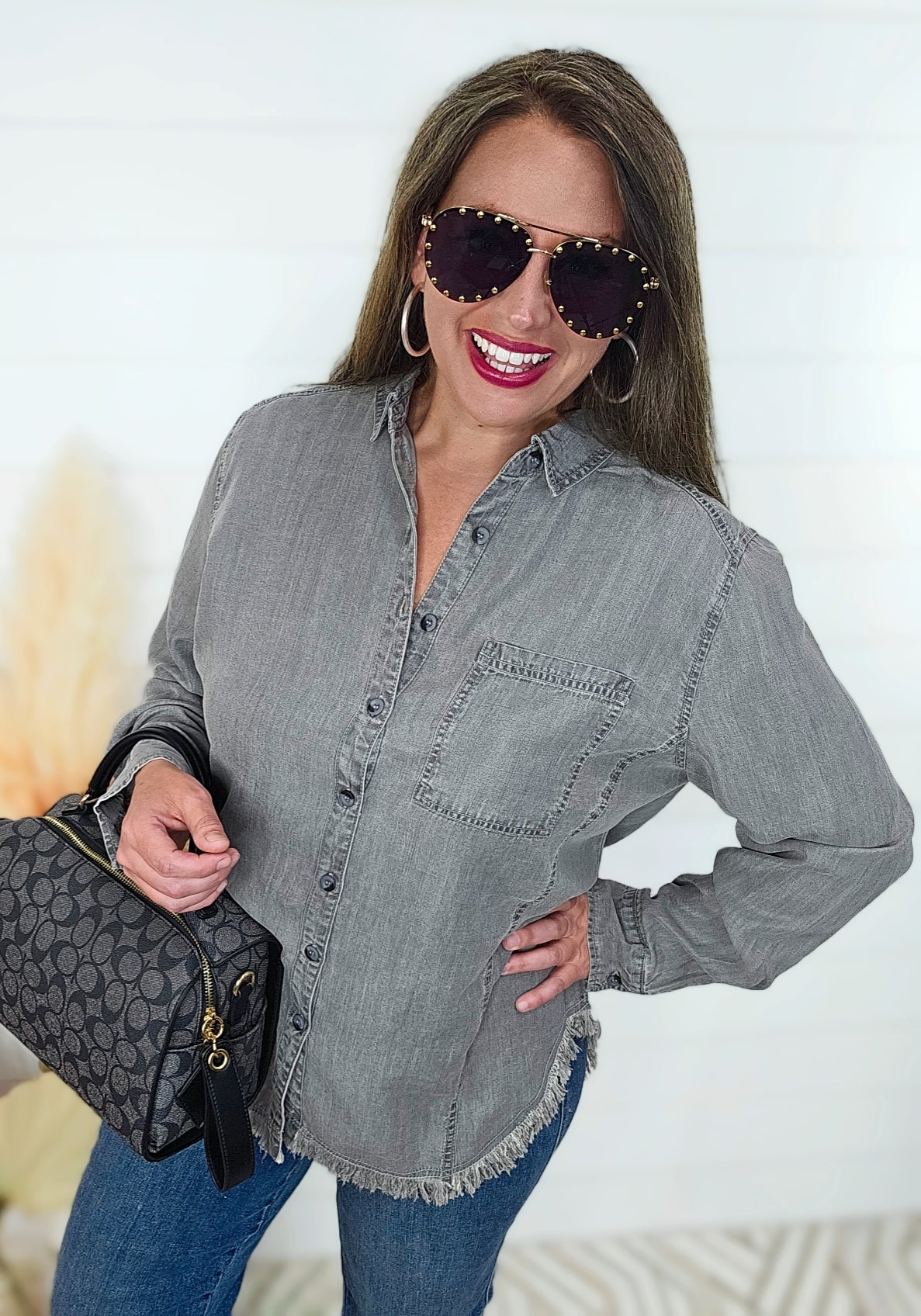 GREY POCKET FRINGE BOTTON TENCIL BUTTON UP