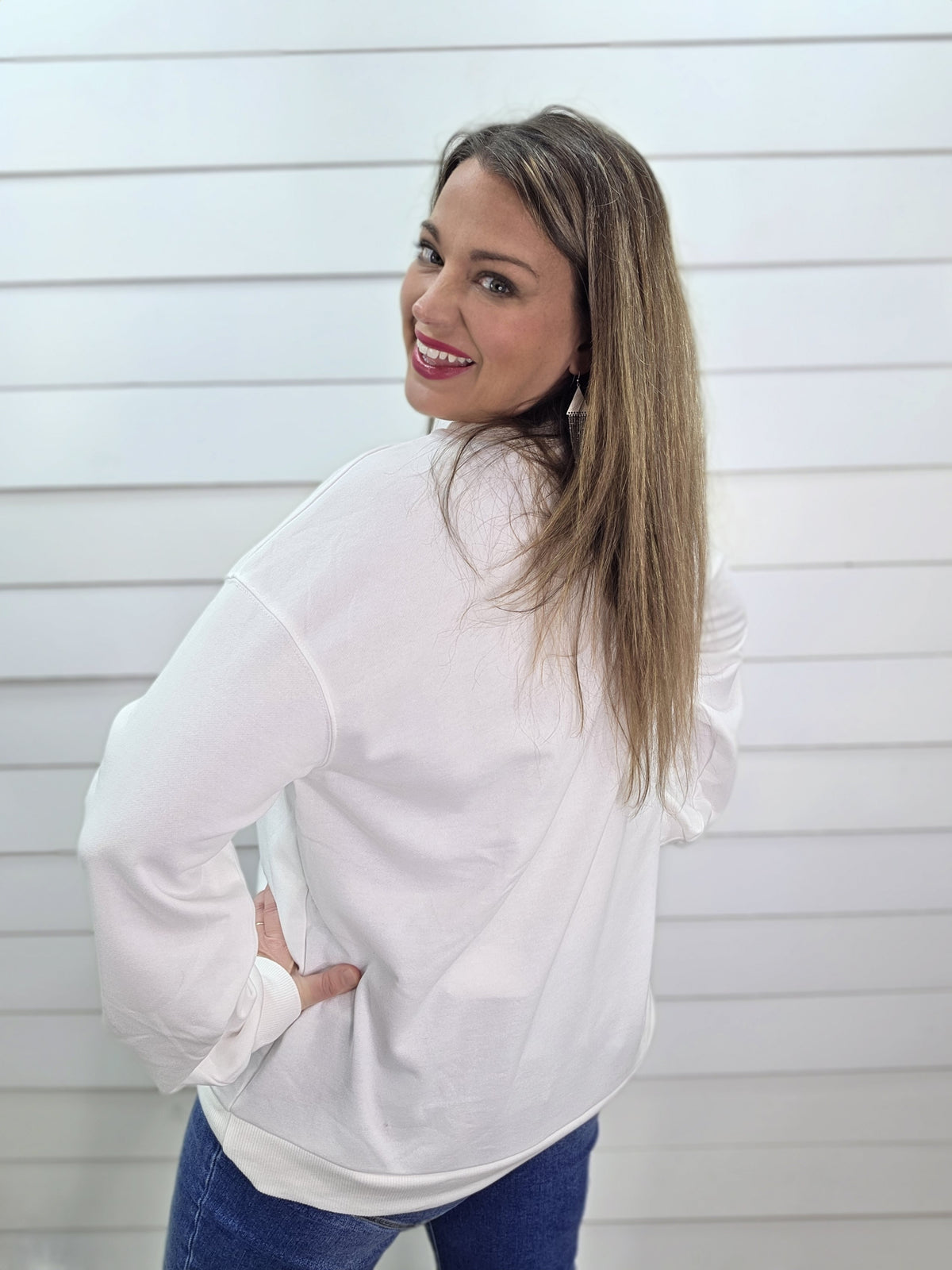 WHITE FRENCH TERRY PULLOVER W/ TREES AND PEARLS