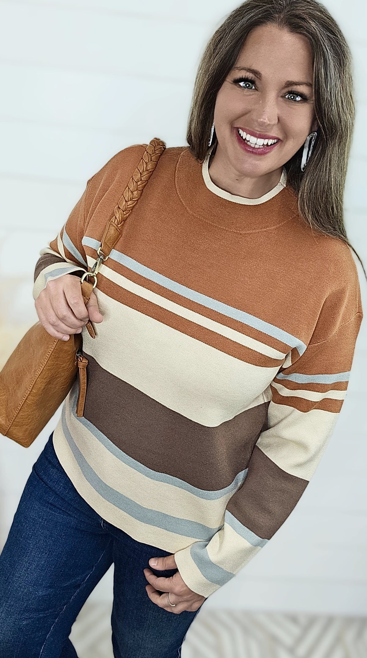 COPPER MULTI STRIPE CREW NECK PULLOVER SWEATER