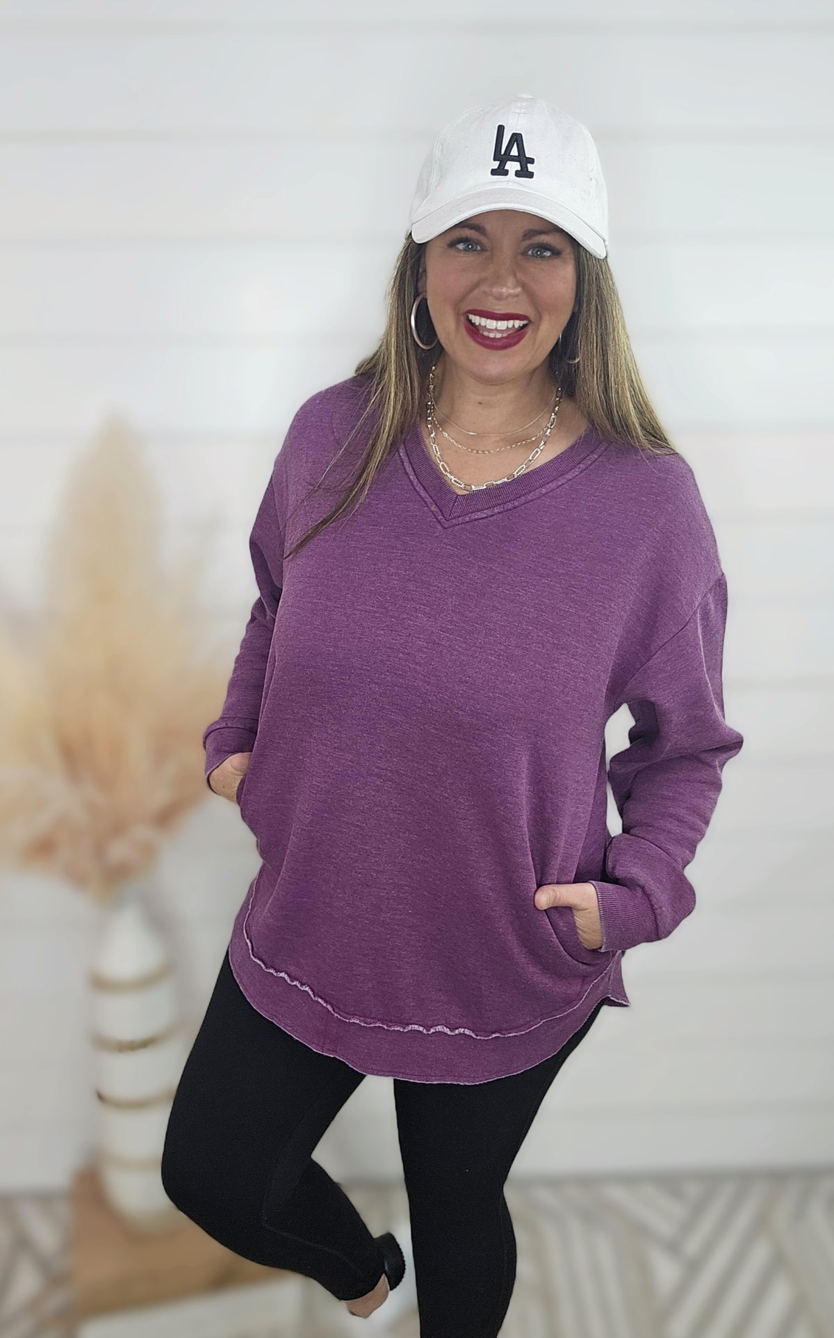 PURPLE NEW BESTIE V NECK CURVED HEM TUNIC