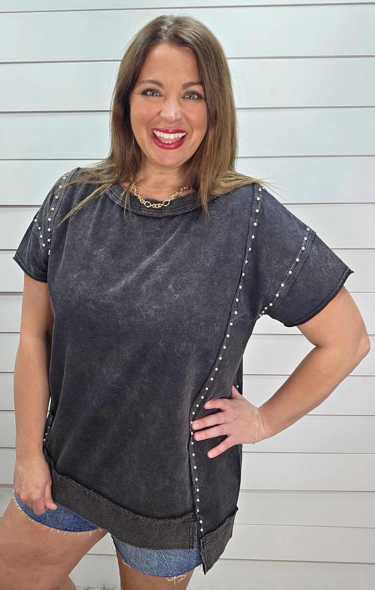 BLACK MINERAL WASH STUDDED OVERSIZED KNIT TOP