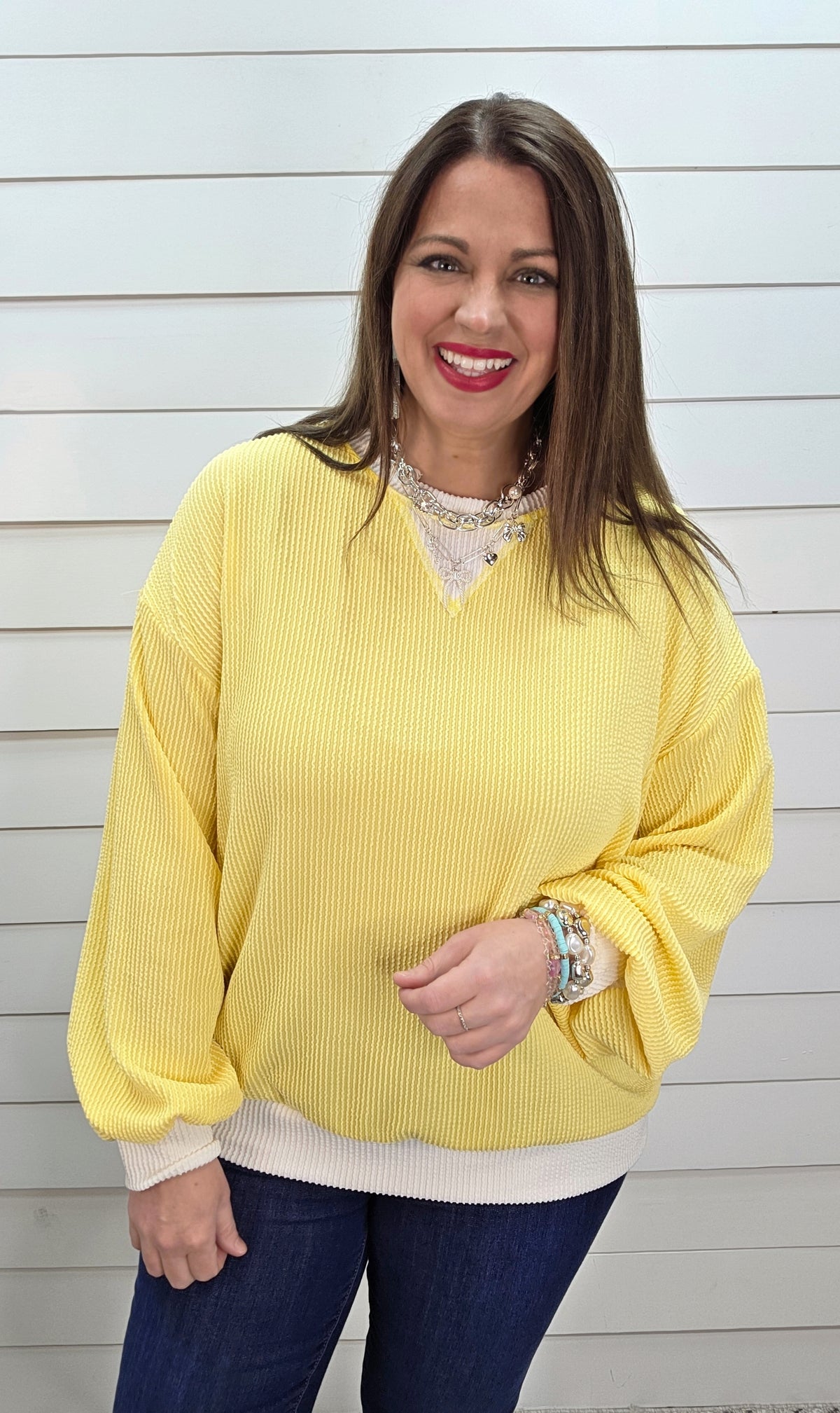 YELLOW RAISED RIBBED LONG SLEEVE KNIT TOP