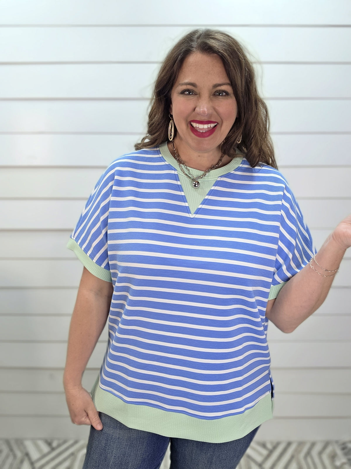 SKY STRIPED KNIT TOP W/ GREEN TRIM