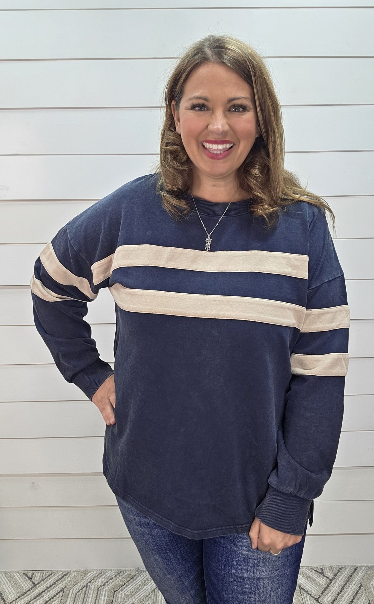 NAVY VARSITY STRIPED WASHED KNIT PULLOVER WITH SIDE SLIT