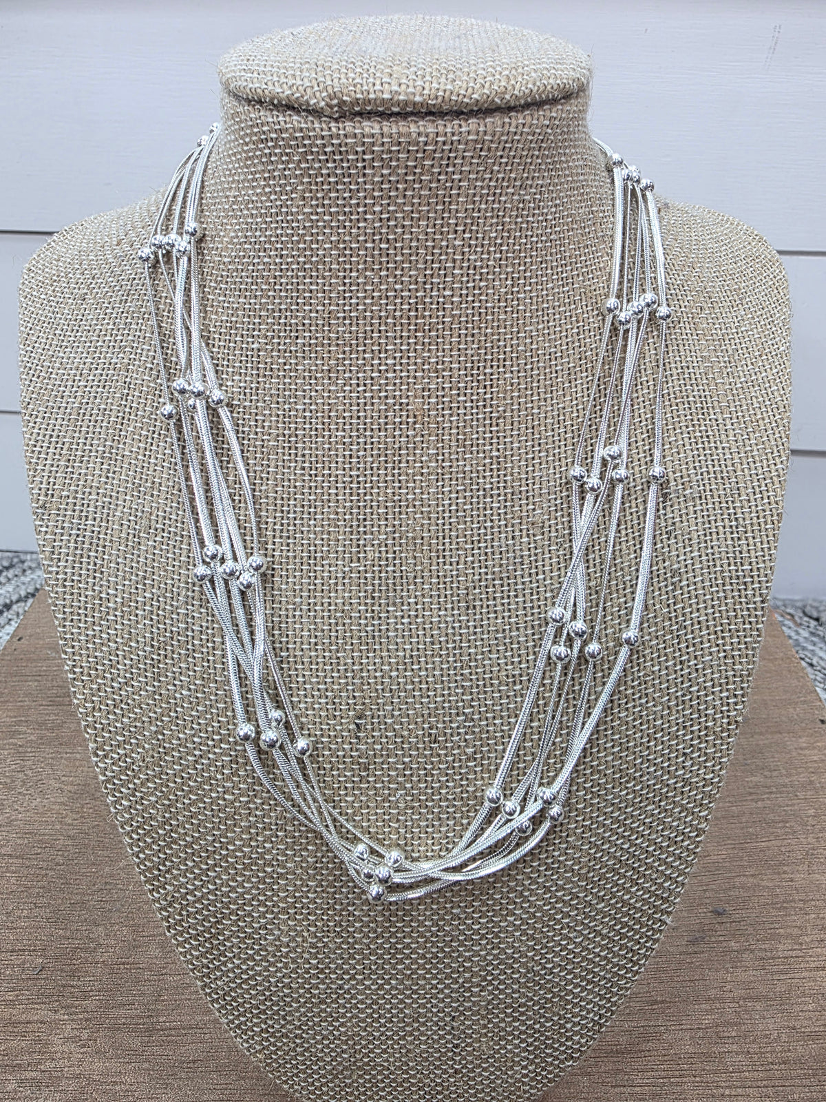 SILVER MULTI 5 STRAN BEADED NECKLACE