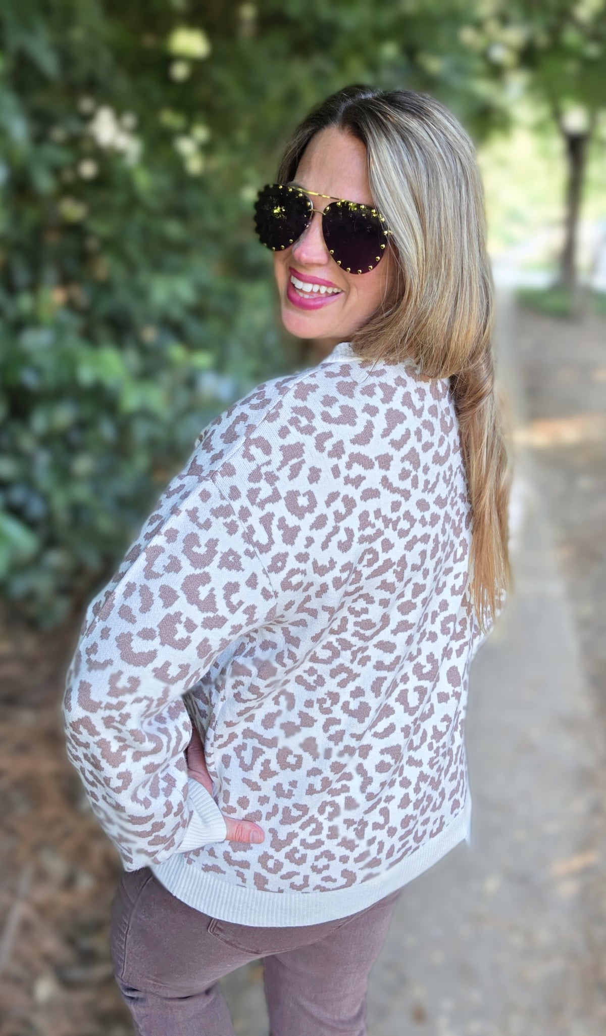 BROWN/CREAM ANIMAL PRINT BUTTON DOWN SWEATER CARDIGAN