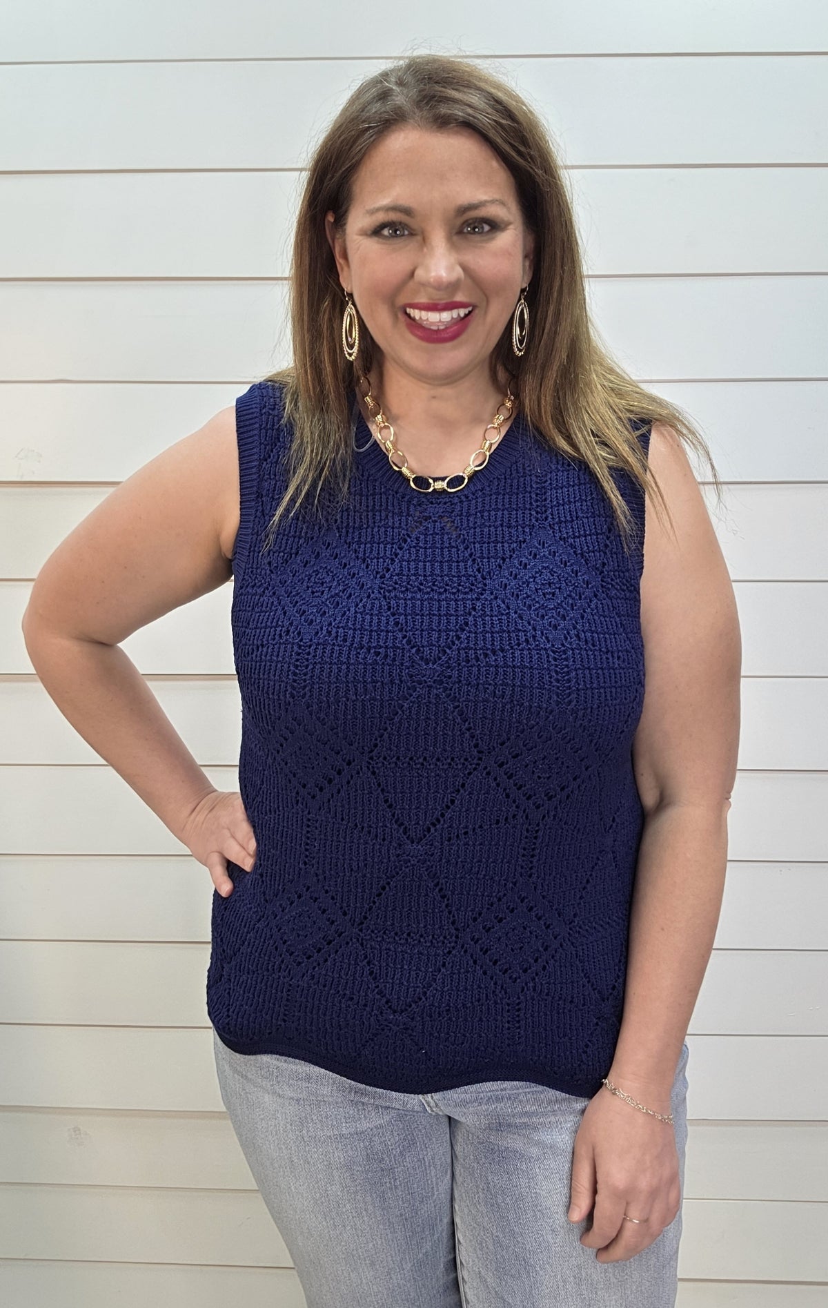 NAVY CROCHET SLEEVELESS SWEATER TANK W/ SCALLOPED EDGE