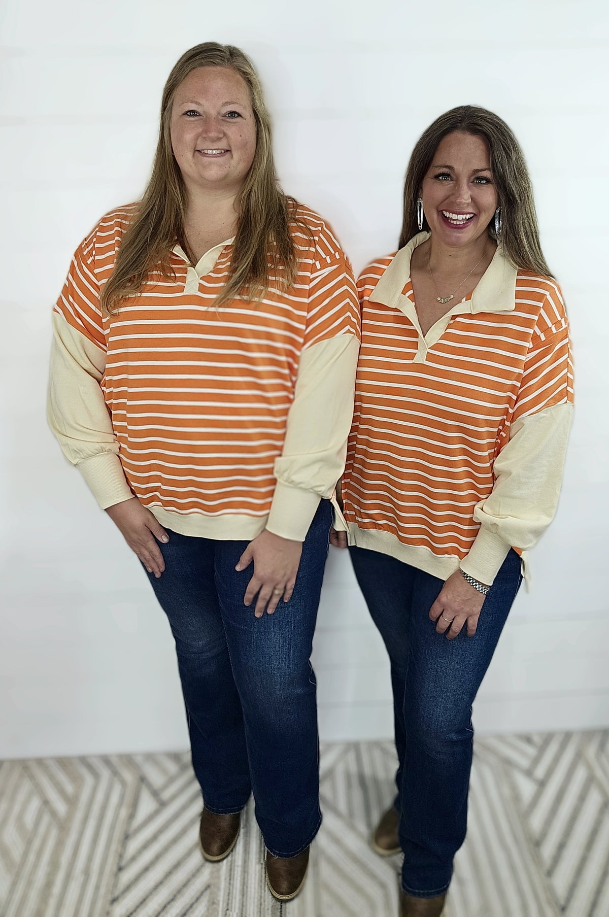 ORANGE STRIPED COLLARED DROP SHOULDER TOP