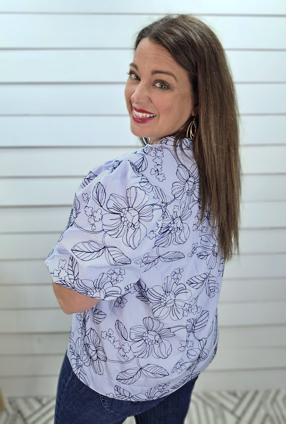 BLUE PINSTRIPE EMBROIDERED V NECK WOVEN TOP