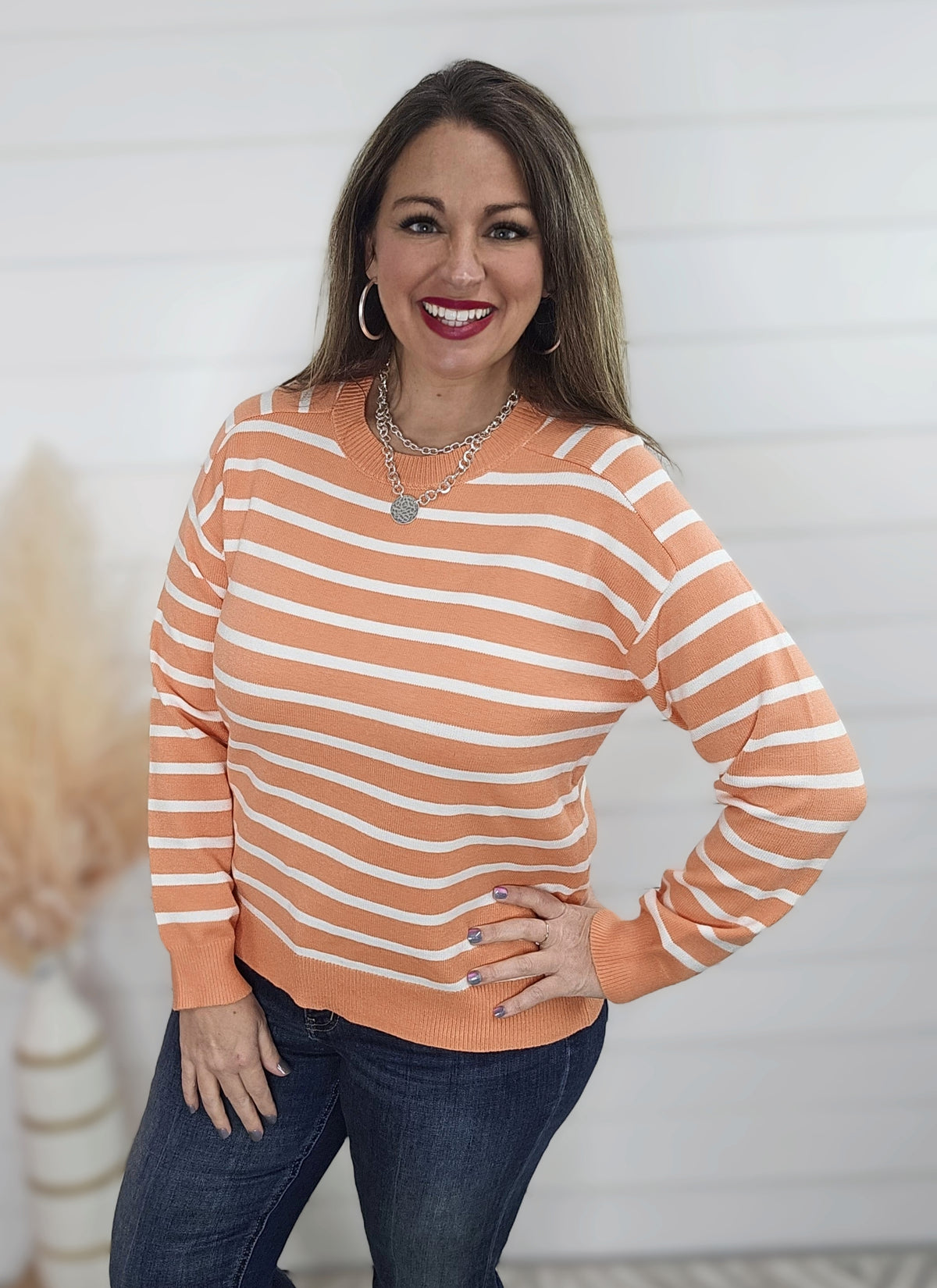 CORAL/WHITE STRIPED SOFT SWEATER