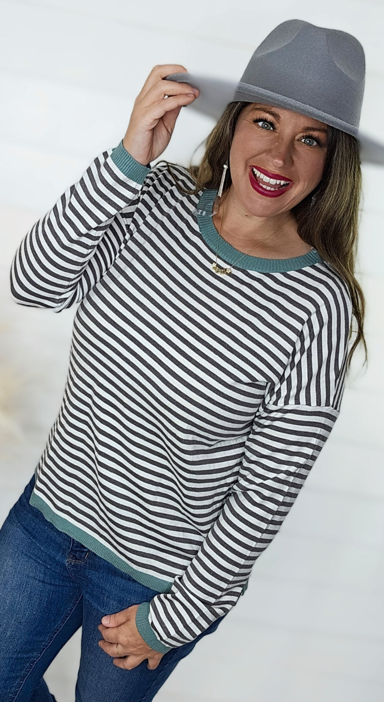 GREY STRIPED KNIT TOP W/ JADE TRIM