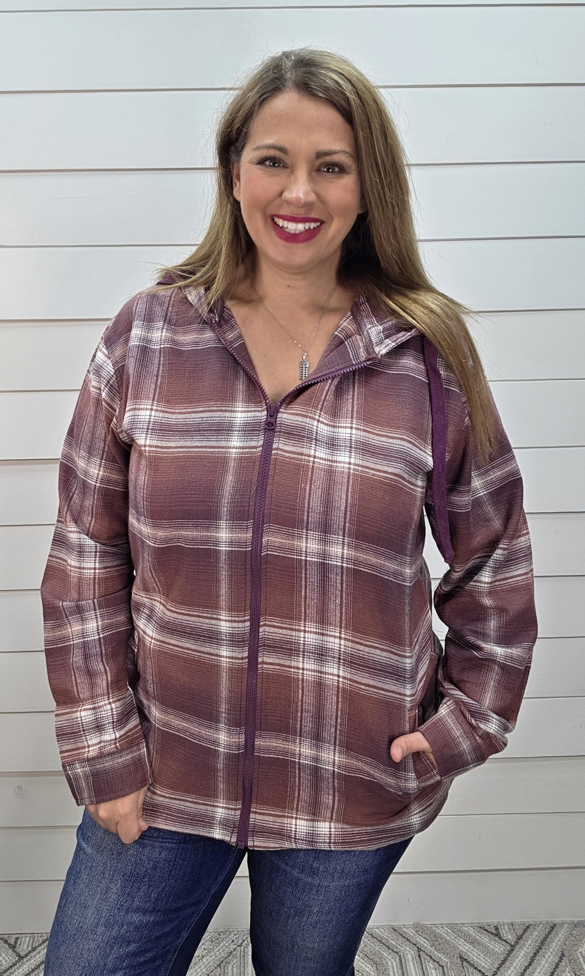 PLUM PLAID ZIP UP HOODED TOP W/ POCKETS