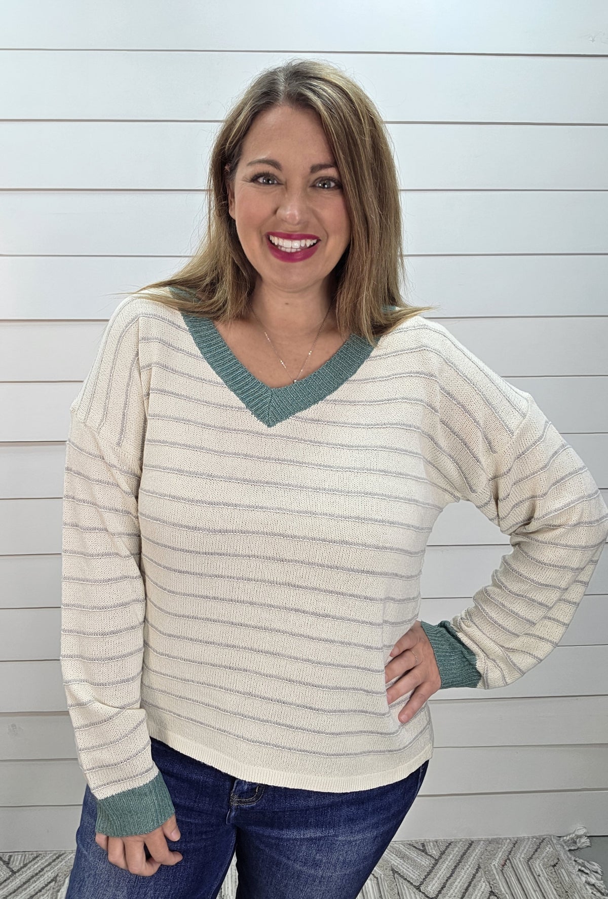 IVORY/JADE Color Accent Rib Band, Long Sleeve, Striped V Neck LIGHT WEIGHT SWEATER