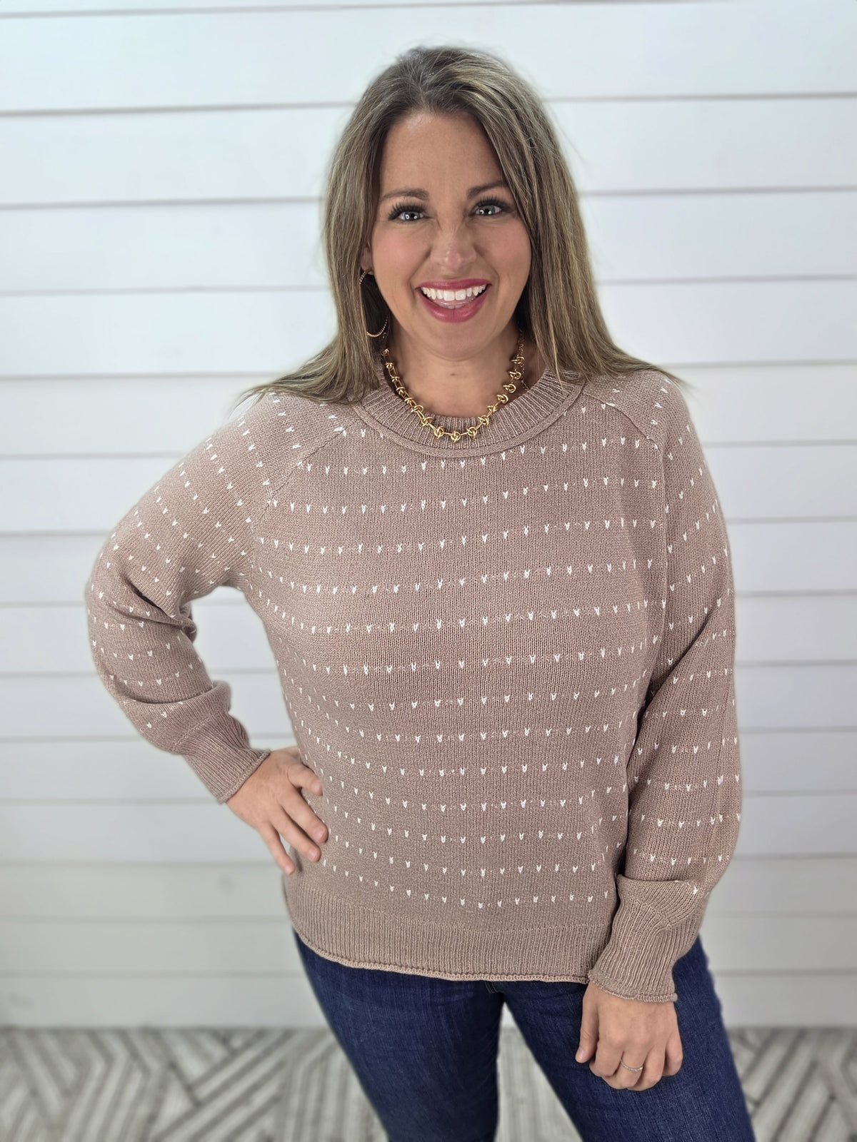 TAUPE DOT TEXTURED TRIM PULLOVER SWEATER