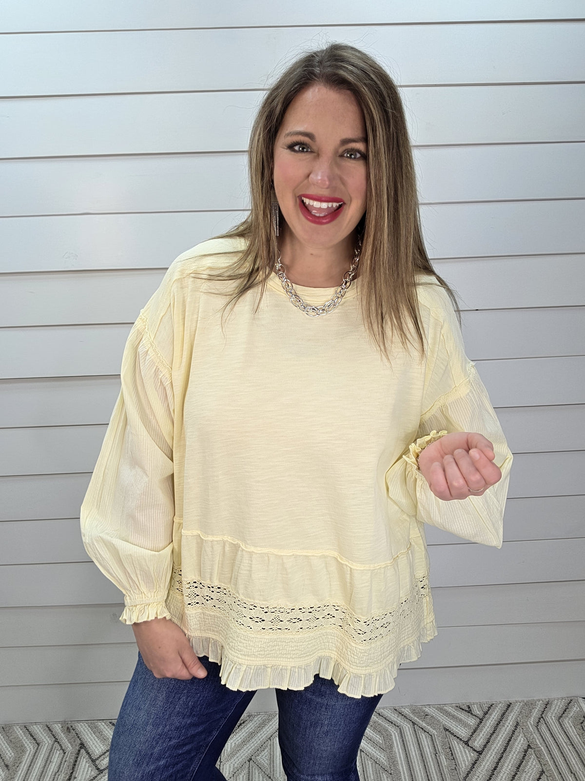 BUTTER YELLOW OVERSIZED LACE TRIM TOP