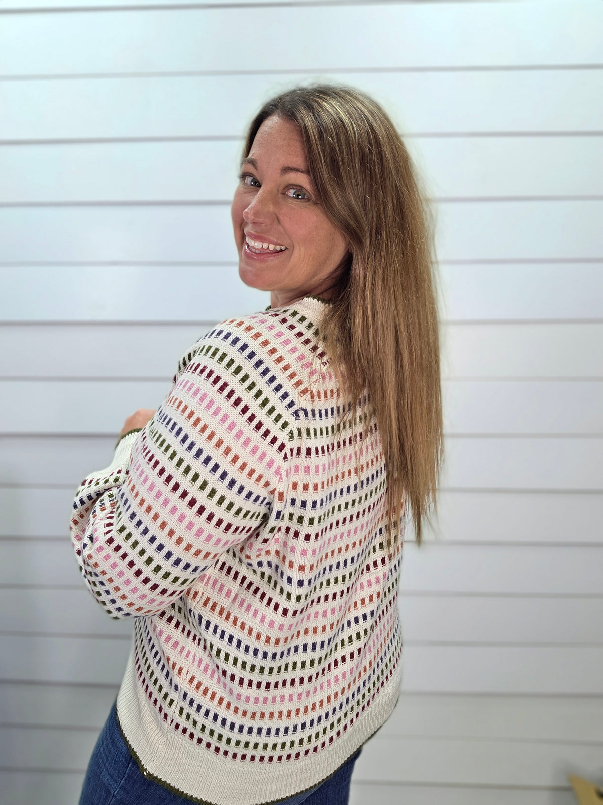 Ivory Multi Color Texture Striped Crew Neck Long Balloon Sweater