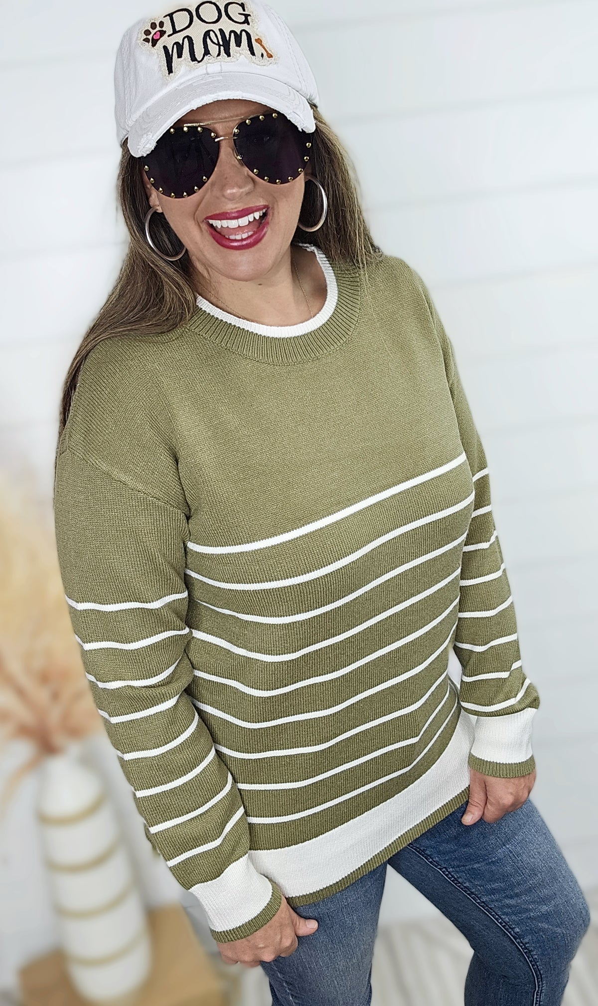 OLIVE/CREAM STRIPED CREW NECK SWEATER