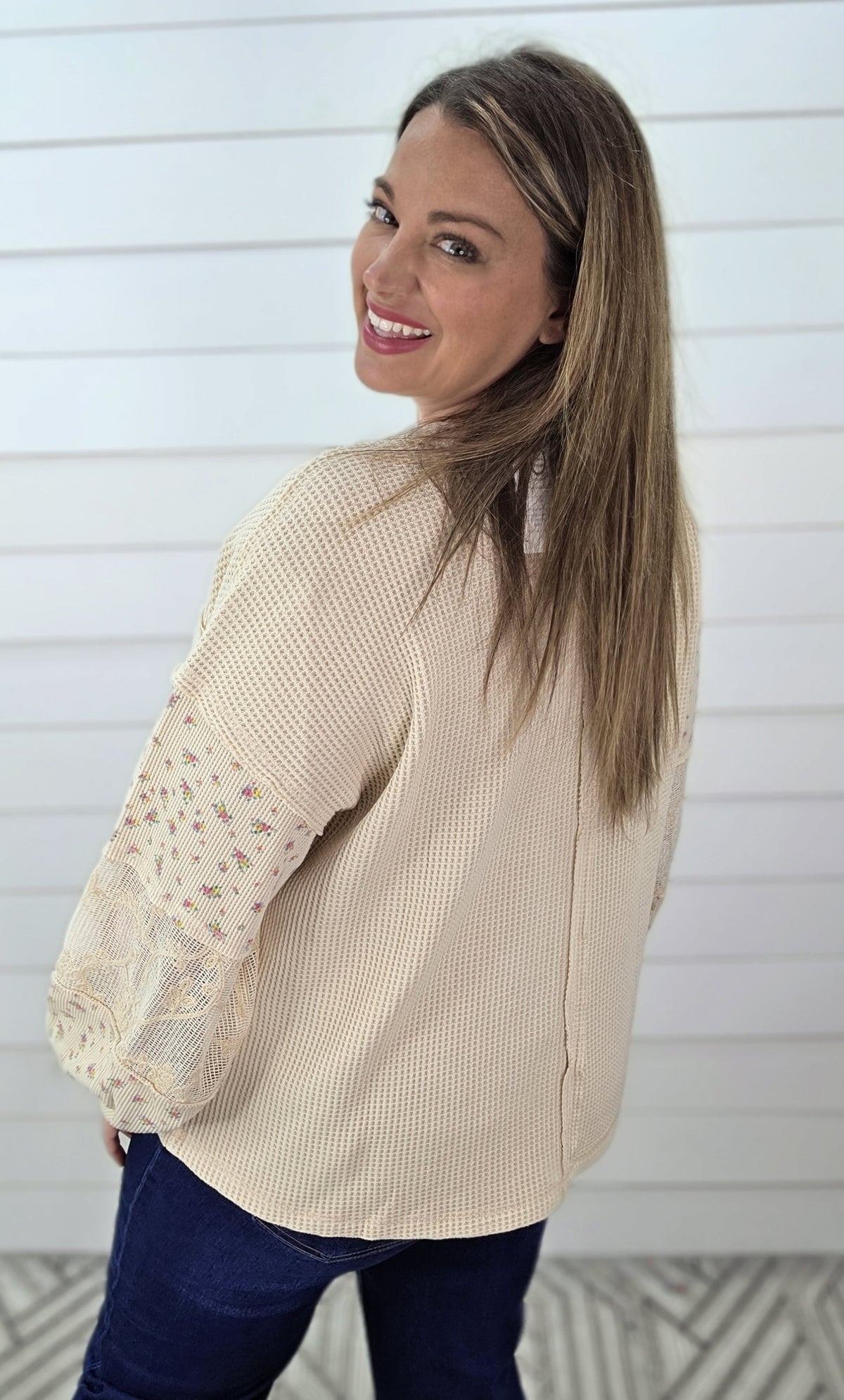 NATURAL WAFFLE TEXTURE CONTRAST SLEEVE KNIT OVERSIZED TOP