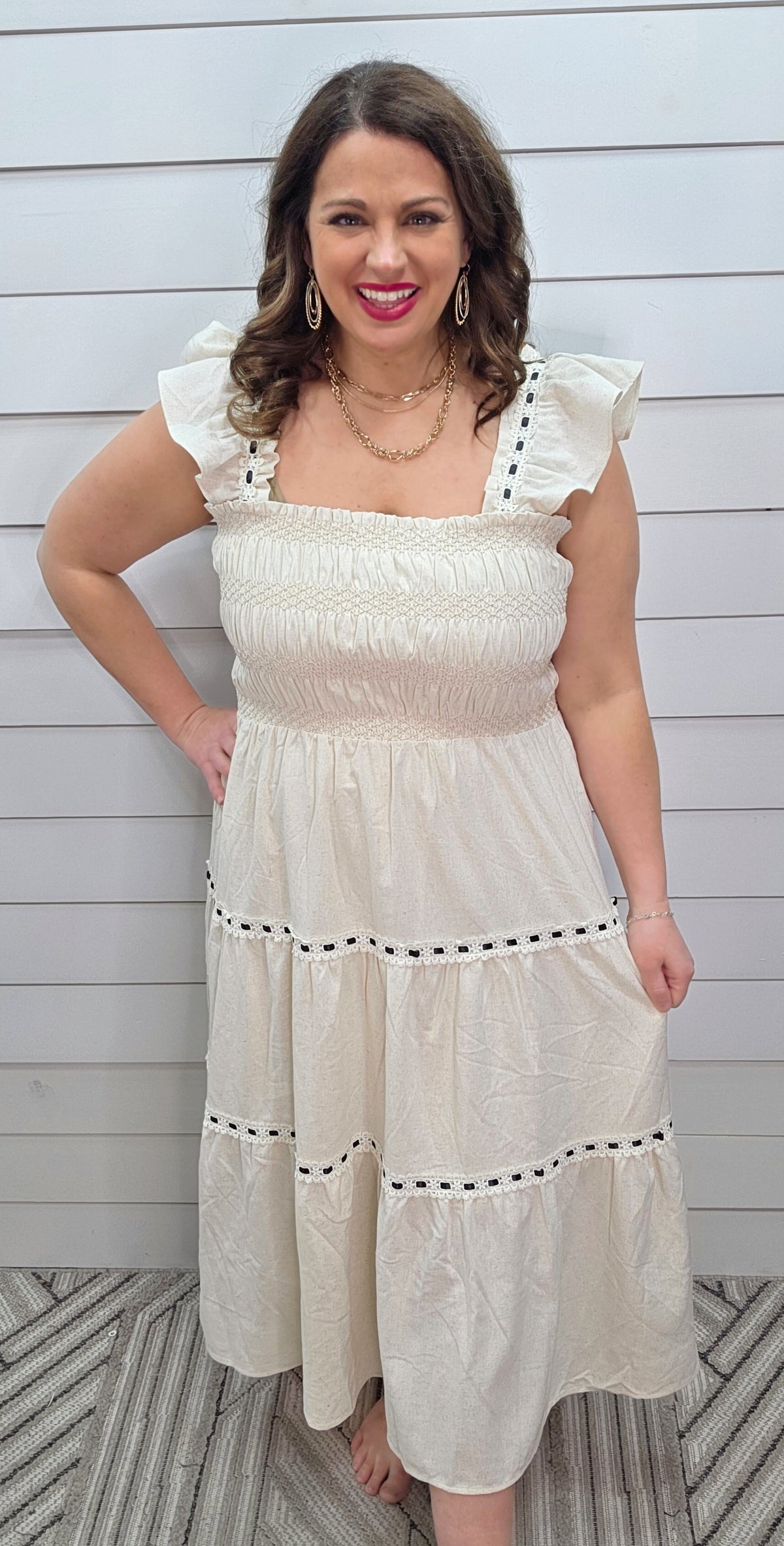 OATMEAL LACE/RIBBON TRIM LONG DRESS