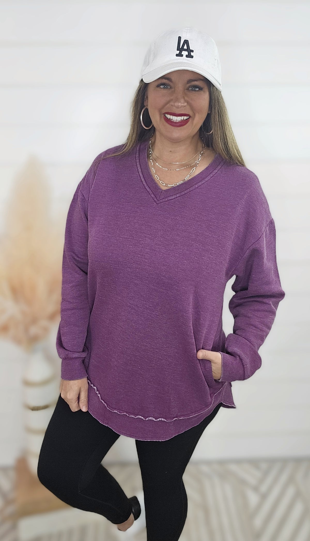 PURPLE NEW BESTIE V NECK CURVED HEM TUNIC