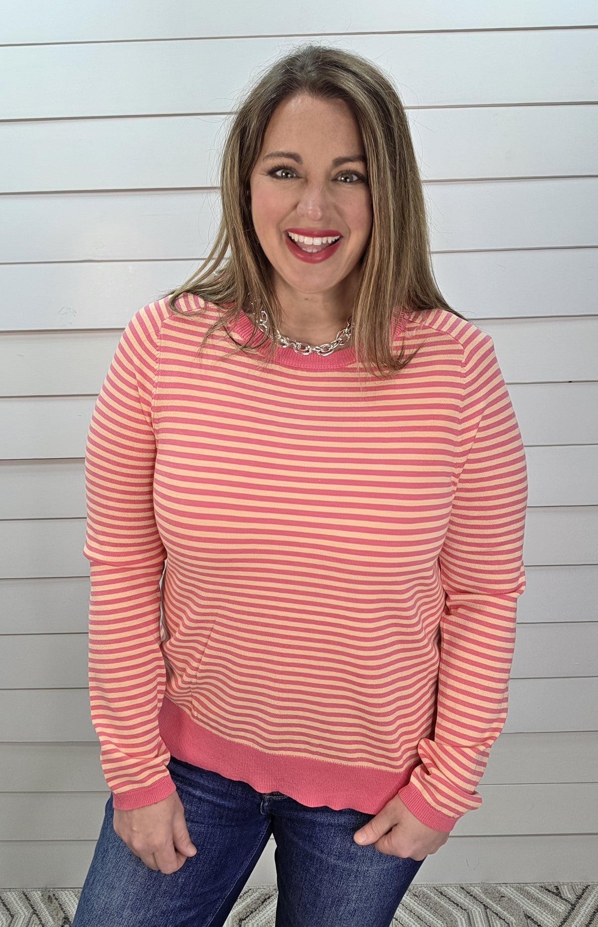 PINK PINSTRIPE KNIT LIGTH WEIGHT PULLOVER SWEATER