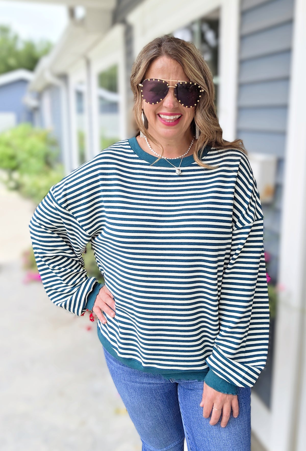 GREEN STRIPED LOOSE FIT KNIT TOP