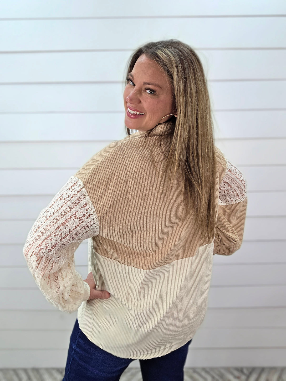 TAUPE/BEIGE/CHARCOAL CORDED/LACE BUTTON UP TOP