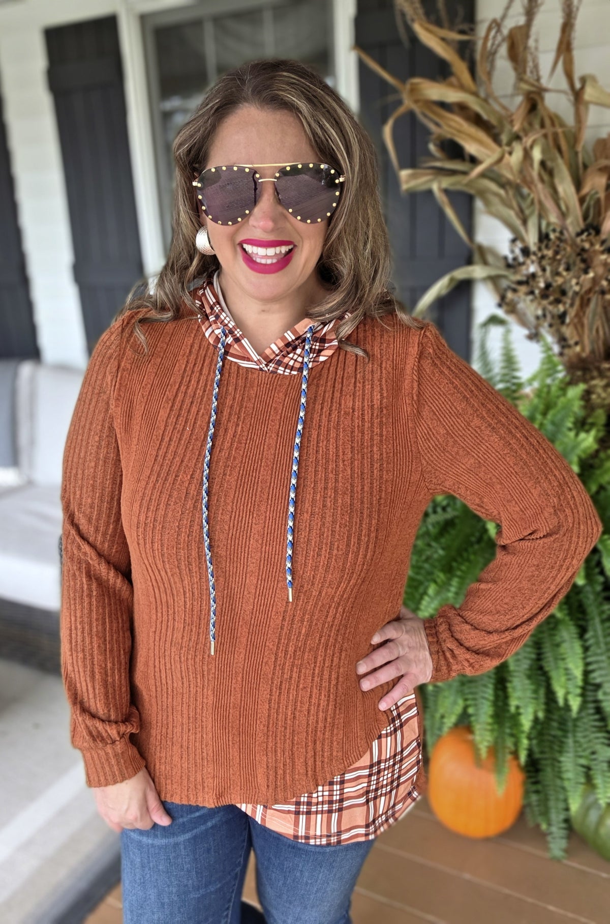 RUST BRUSHED KNIT PLAID CONTRAST LIGHT WEIGHT HOODIE